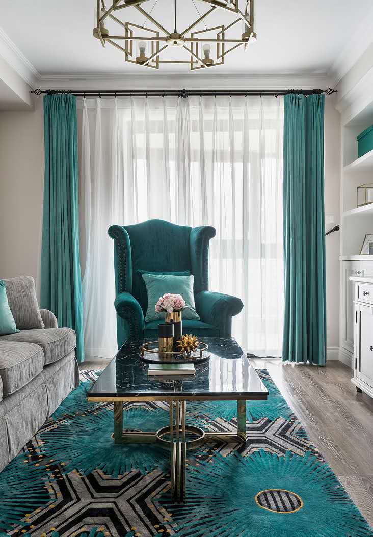 轻奢时尚美式风格三居室装修，优雅的孔雀蓝点缀其中，真的很舒服！