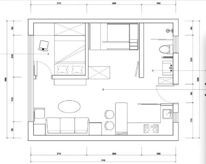 38平米超小户型，拥有两居室通透不拥挤，厨房设计更是亮眼