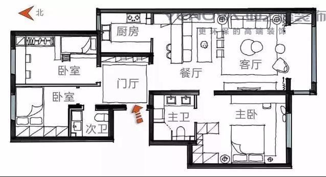南通装修案例文亮小苑107㎡时尚三居，多色混搭现代简约风