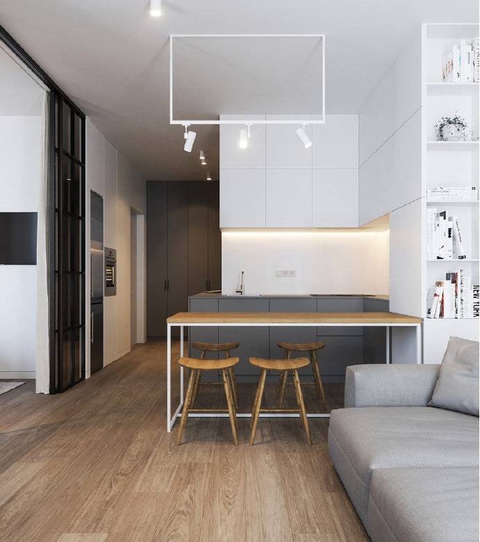 现代极简小公寓，天然木材饰面的温馨搭配