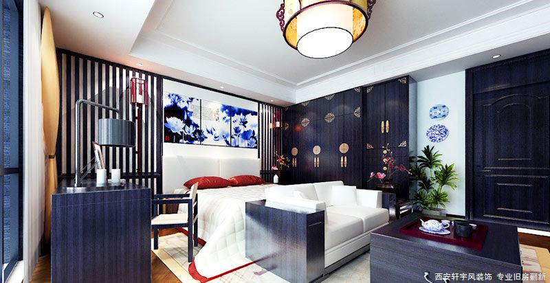 西安装修案例中式风格-卧室及吊顶设计