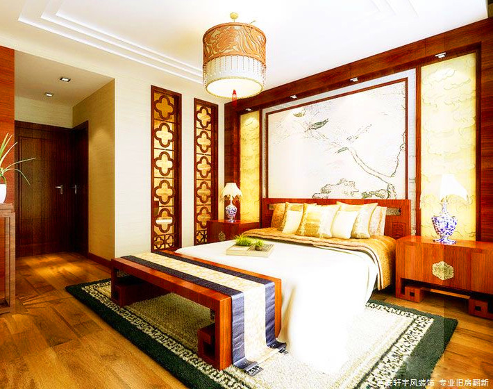 西安装修案例中式风格-卧室及吊顶设计