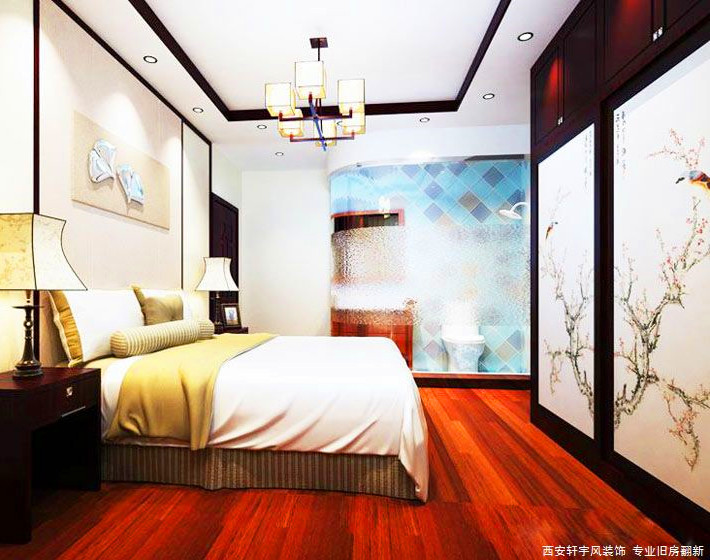 西安装修案例中式风格-卧室及吊顶设计