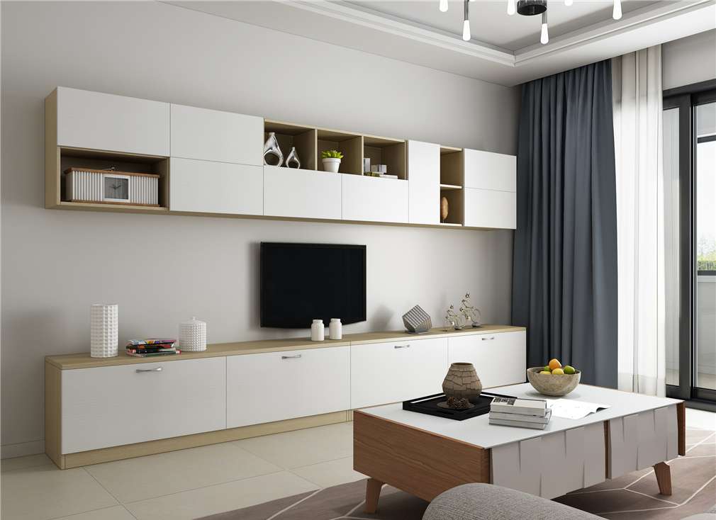 电视柜地柜和吊柜相结合,造型上简约而不失大气,视听,储物都能满足.